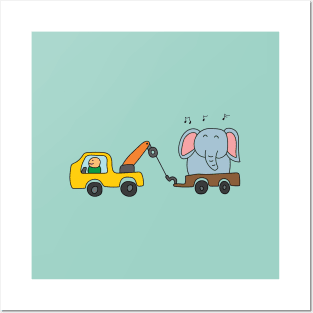 cute tow truck towing an elephant Posters and Art